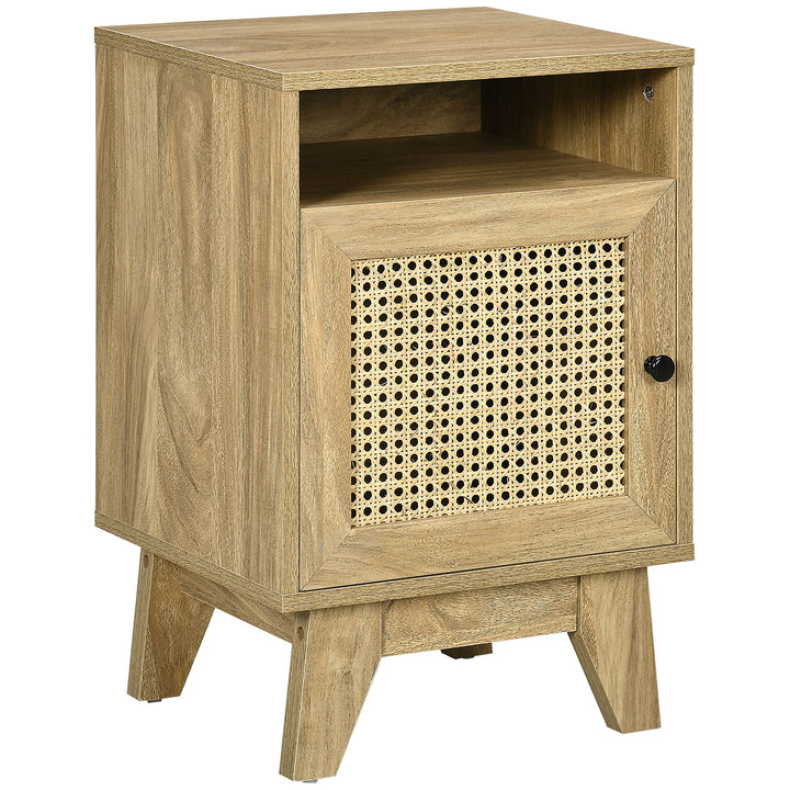 HOMCOM Bedside Cabinet with Rattan Detail, Side Table with Shelf & Cupboard, 39x35x60cm, Natural | Aosom UK