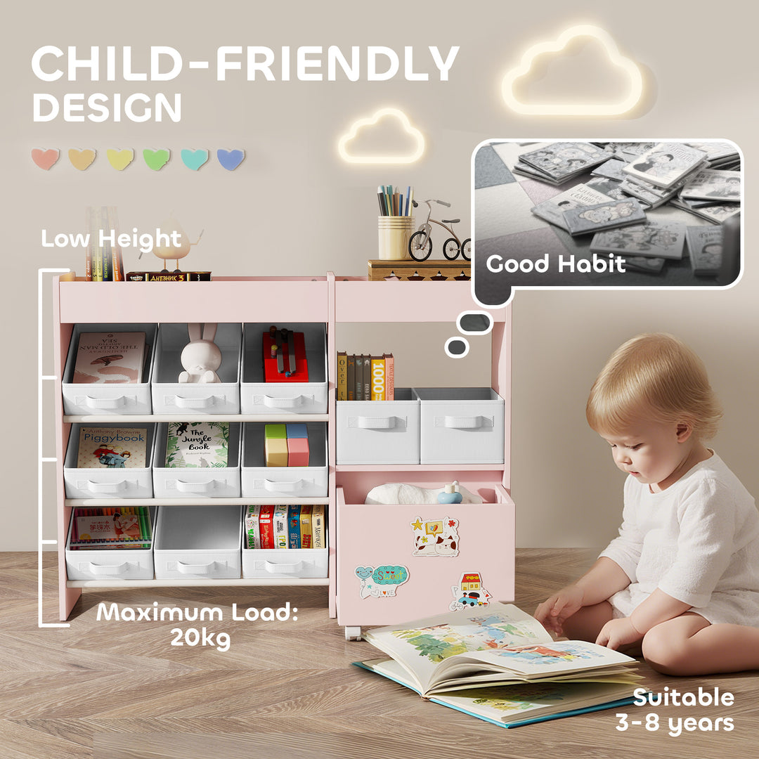 MCL Kids Toy Storage Unit with 11 Bins, Cabinet, Top Shelves, 3 Stickers, for Nursery, Playroom, Pink