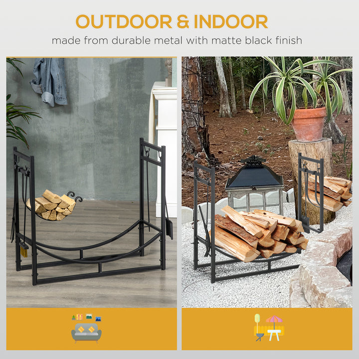 Metal Firewood Log Holder Indoor Outdoor Firewood Rack Fireplace 2 Tier Wood Storage Shelf with 4 Tools, Hooks, Scrolls, Black, 84W x 33D x 76H cm