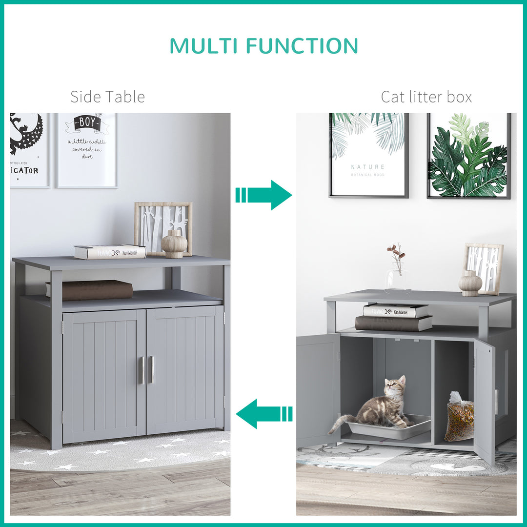 MCL Wooden Cat Litter Box Enclosure Furniture with Adjustable Interior Wall & Large Tabletop for Nightstand, Grey