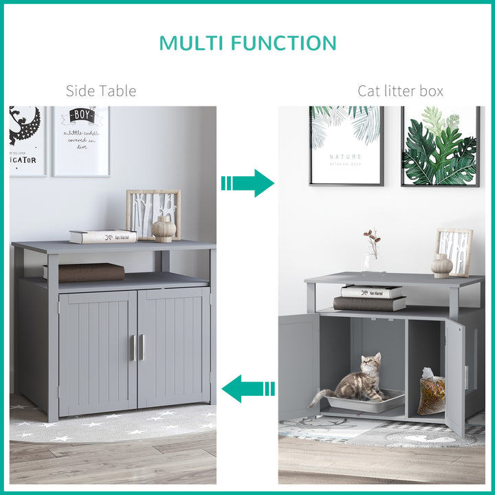 MCL Wooden Cat Litter Box Enclosure Furniture with Adjustable Interior Wall & Large Tabletop for Nightstand, Grey
