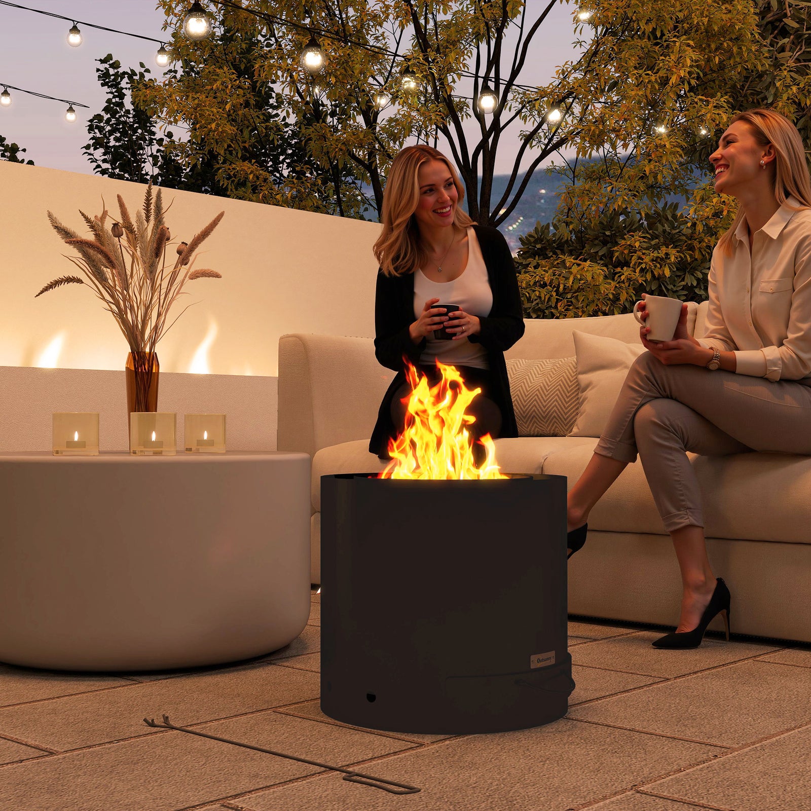 Metal Wood-burning Fire Pit with Fire Poker - Black