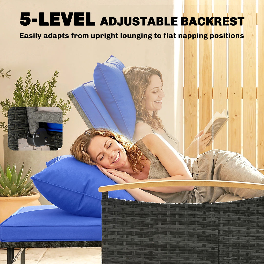 Double Garden Rattan Daybed, Wicker Sun Bed Chaise Lounger with Storag