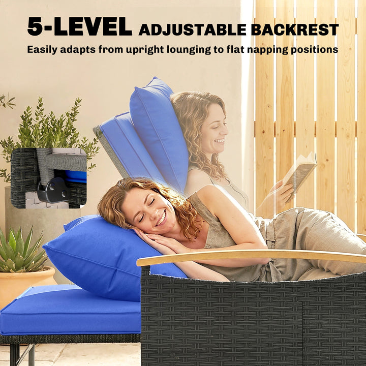 Double Garden Rattan Daybed, Wicker Sun Bed Chaise Lounger with Storag