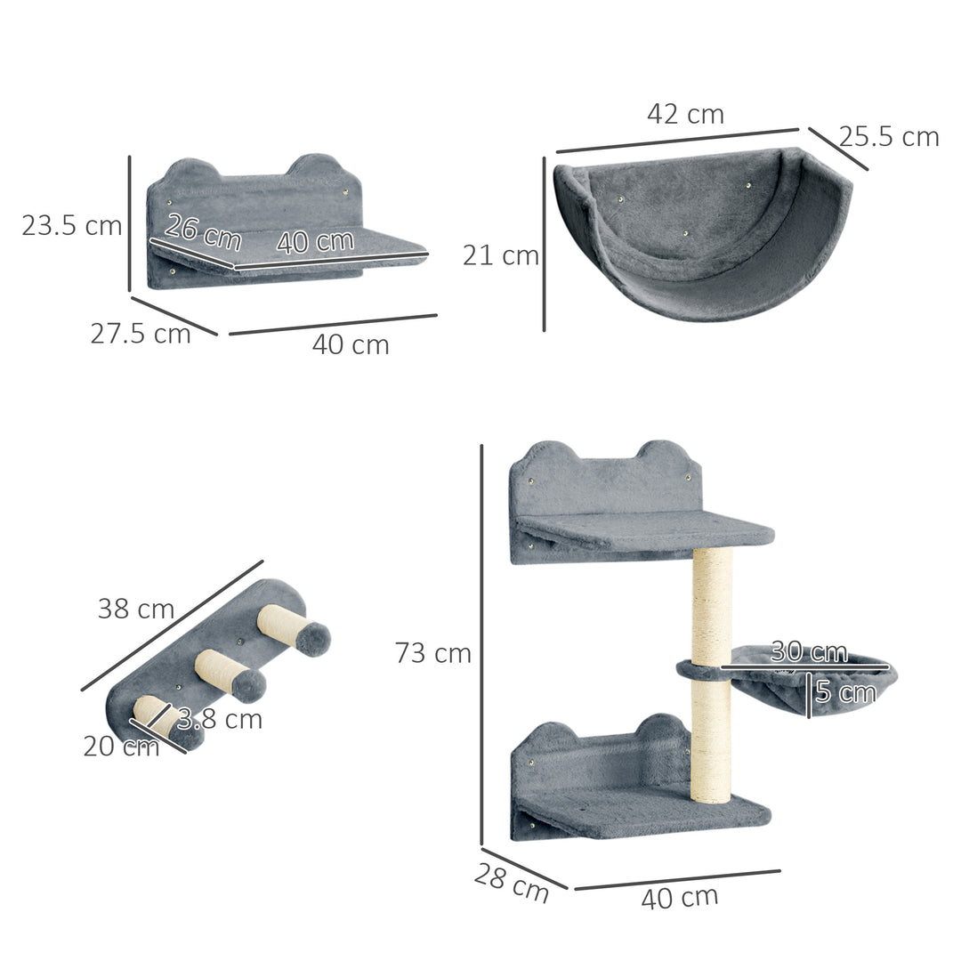 4PCs Wall-Mounted Cat Shelves w/ Scratching Post, Hammock, Nest - Grey