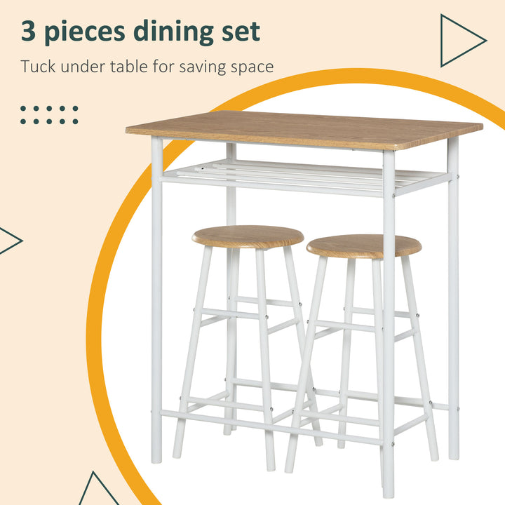 HOMCOM Bar Table and Stools w/ Metal Frame Footrest, Storage Shelf, Bar Table Set for Kitchen, Dining Room, Cafe, White & Oak | Aosom UK