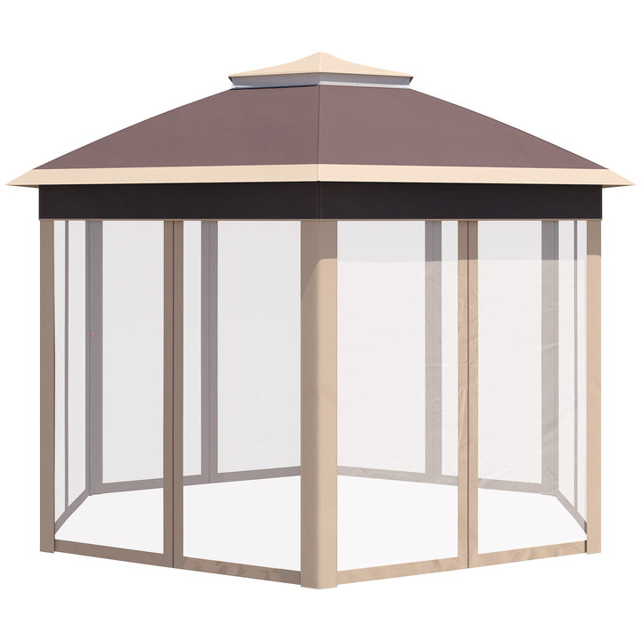 Outsunny Hexagon Pop Up Gazebo Outdoor Patio Gazebo Double Roof Instant Shelter with Netting, 3 x 4m, Khaki