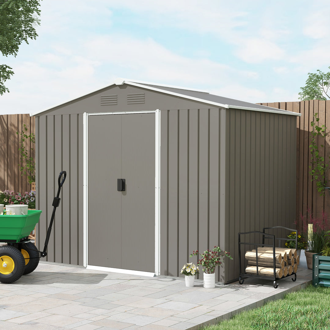7.7 x 5.7ft Outdoor Garden Storage Shed, Metal Tool House with Ventilation and Sliding Doors, Light Grey