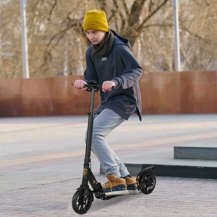 Adult Teens Kick Scooter Foldable Height Adjustable Aluminium Ride On Toy for 14+ w/ Rear Wheel & Hand Brake, 200mm Big Wheels, Shock Mitigation System - Black
