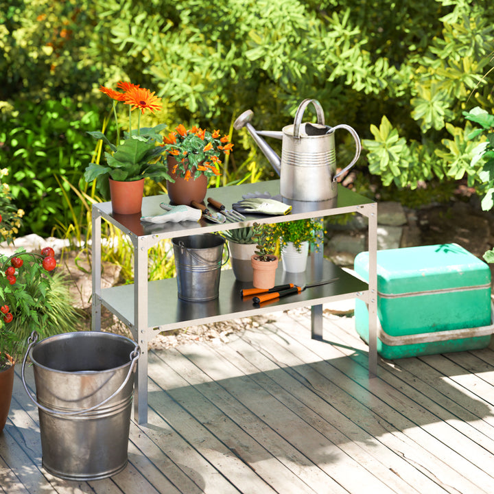 2 Tier Potting Bench Table, Galvanised Steel Garden Planting Work Bench Workstation with Storage Shelf for Outdoor, Patio, Greenhouse, 110 x 50 x 75 cm, Silver Tone