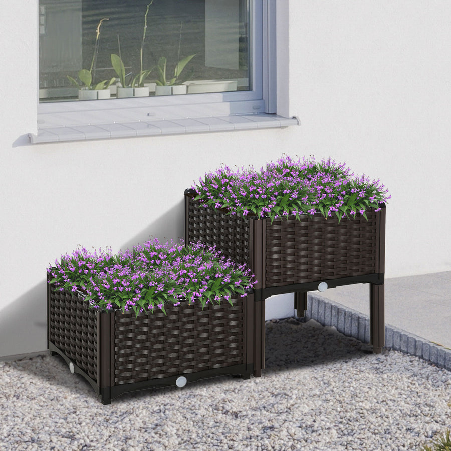 Set of 2 26L Garden Raised Bed Elevated Patio Flower Plant Planter Box PP Vegetables Planting Container, Brown