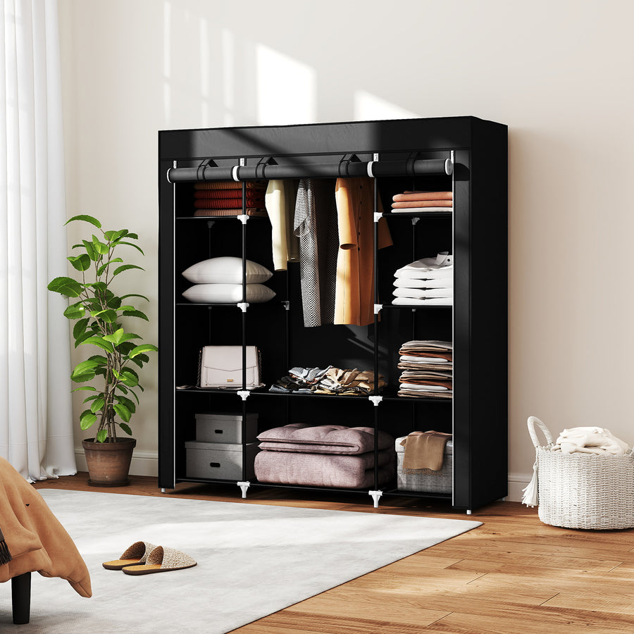 Portable Wardrobe, Foldable Fabric Wardrobe, 150 x 43 x 162.5cm, Clothes Storage Organiser with Hanging Rail, Shelves, Fabric Cover for Bedroom, Black
