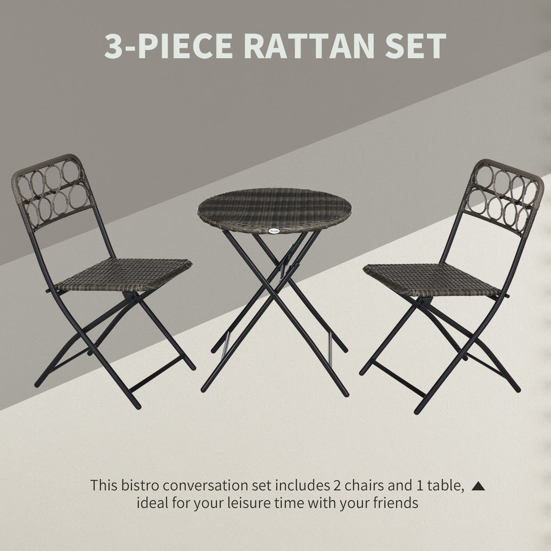 3 Pieces Rattan Bistro Set, Wicker Folding Garden Furniture Set with Coffee Table and Chairs for Outdoor, Patio, Balcony, Grey