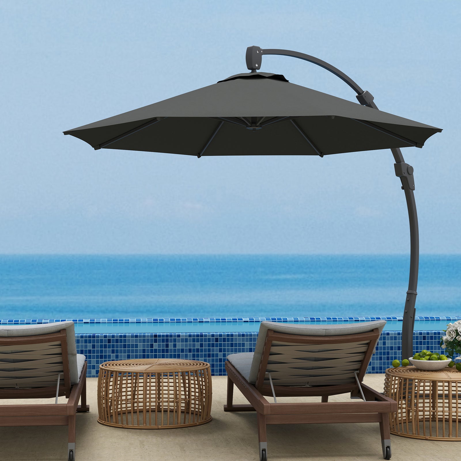 3(m) Garden Cantilever Parasol, Round Overhanging Umbrella with Crank Handle, Cross Base, Aluminium Frame and 360° Rotation, Banana Patio Umbrella for Outdoor Sun Shade, Grey
