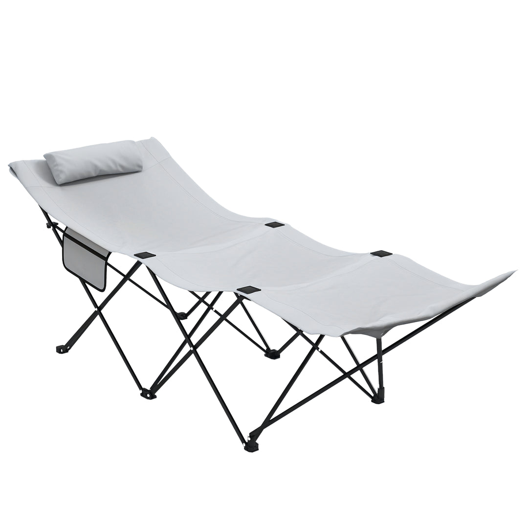 Camping Bed for Adults, Single Folding Camp Bed, Portable Camping Cot with Side Pocket, Headrest and Oxford Seat for Outdoor, Travel, Fishing, Light Grey