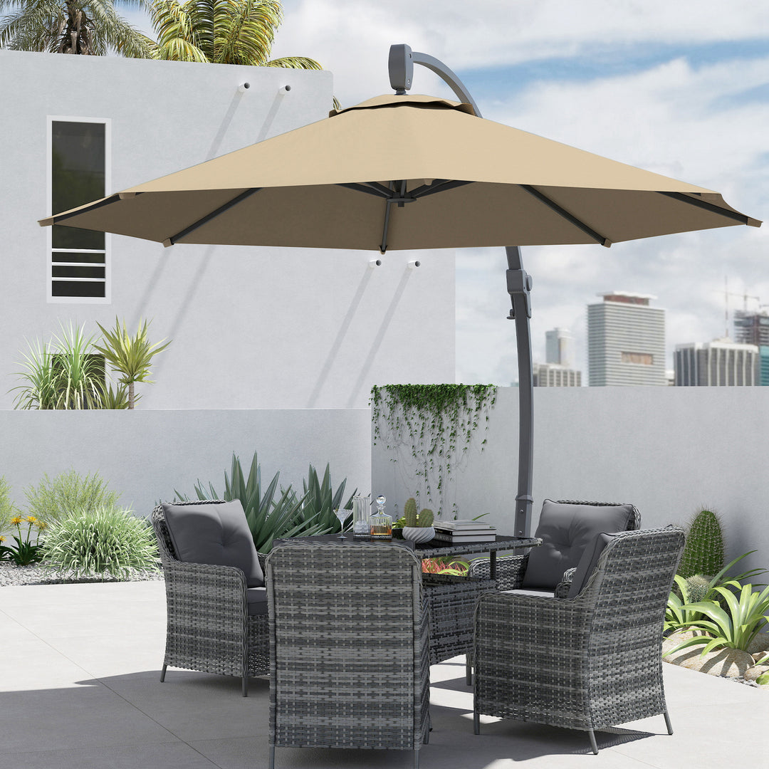 3(m) Garden Cantilever Parasol, Round Overhanging Umbrella with Crank Handle, Cross Base, Aluminium Frame and 360° Rotation, Banana Patio Umbrella for Outdoor Sun Shade, Khaki