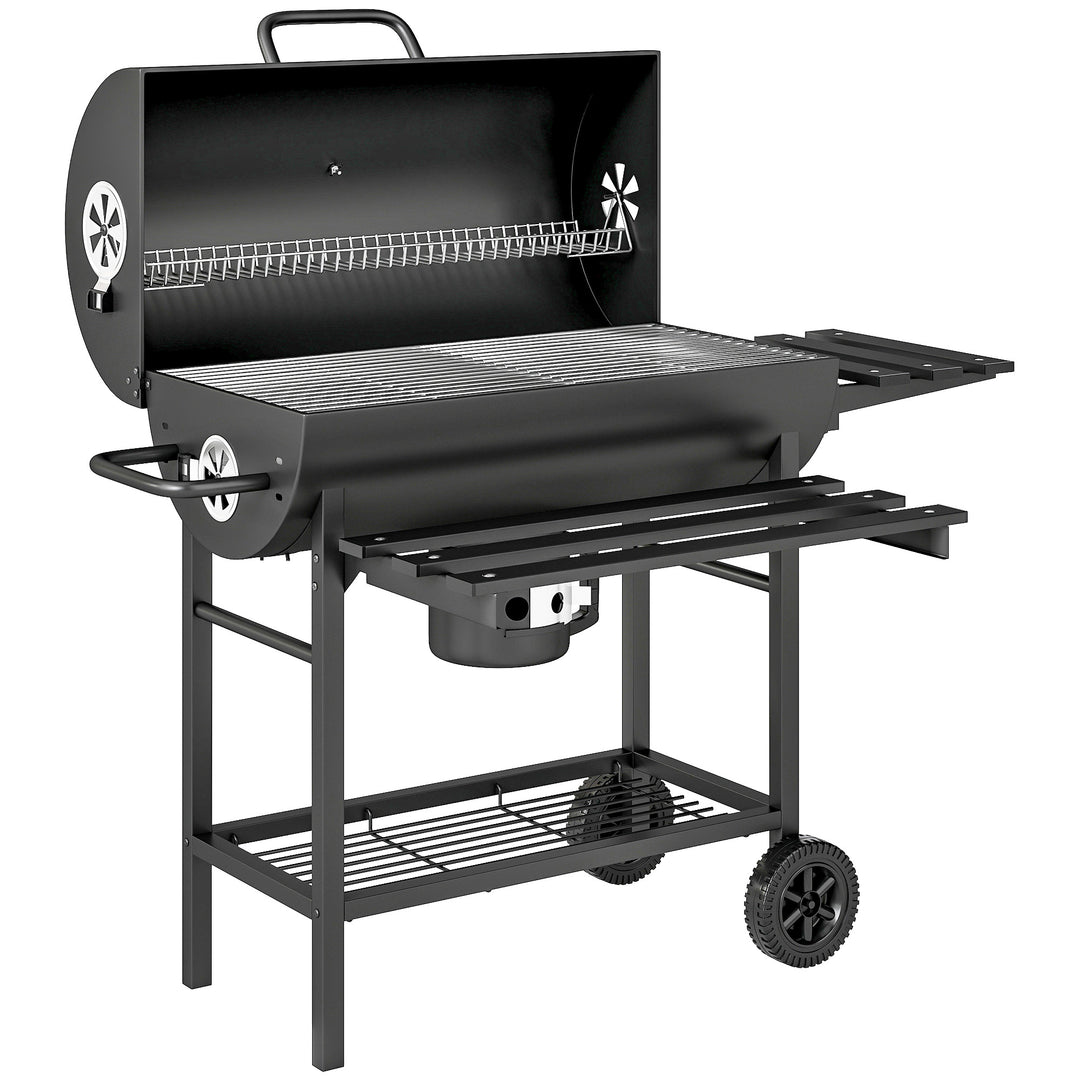 Charcoal BBQ Grill with Foldable Front Side Shelf, Portable Barbecue Smoker with Warming Rack, Bottom Shelf, Lid, Temperature Gauge, Wheels for Outdoor Cooking Garden Party, Black