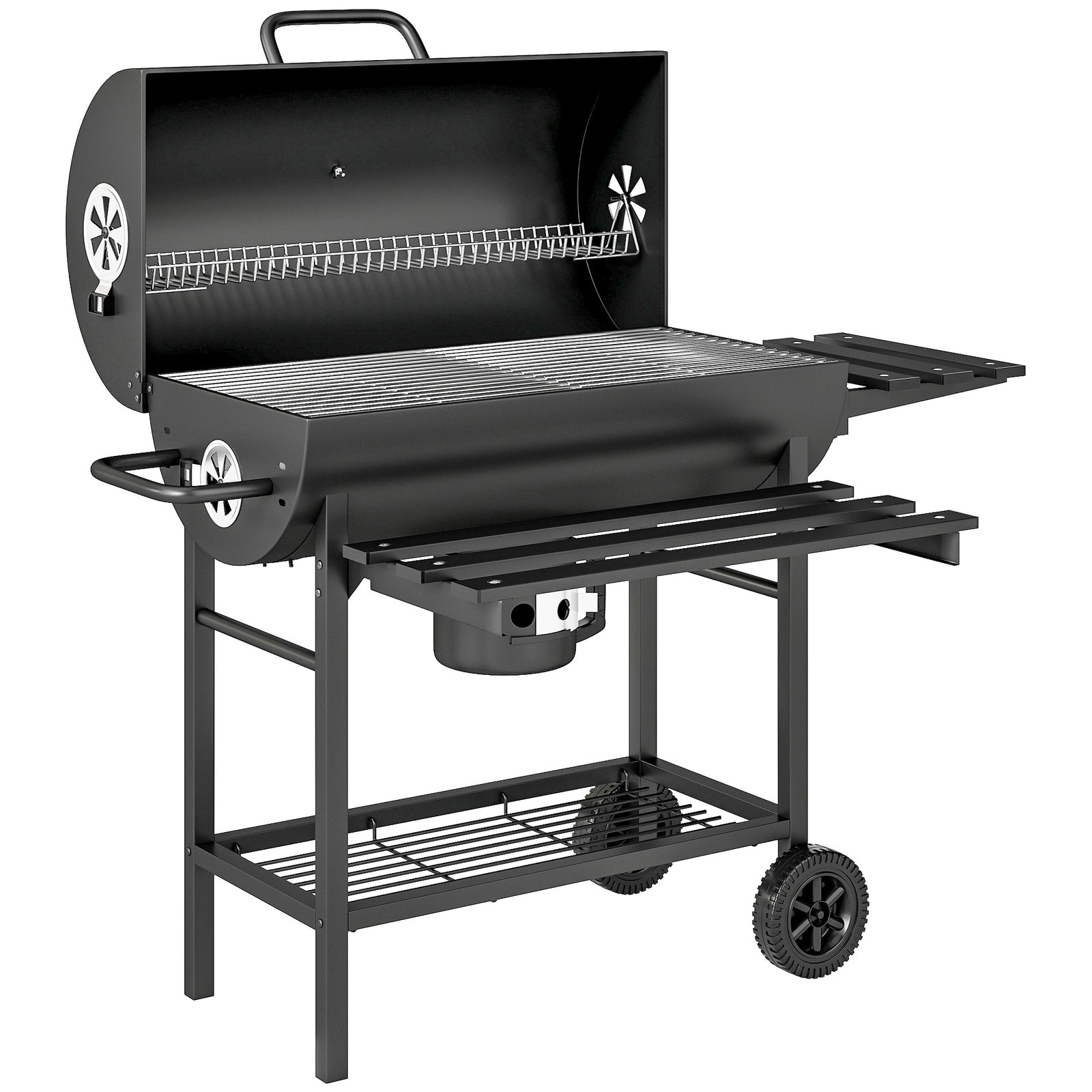 Charcoal BBQ Grill with Foldable Front Side Shelf, Portable Barbecue Smoker with Warming Rack, Bottom Shelf, Lid, Temperature Gauge, Wheels for Outdoor Cooking Garden Party, Black