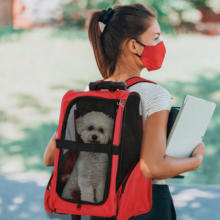 Pet Travel Backpack Bag Cat Puppy Dog Carrier w/ Trolley and Telescopic Handle Portable Stroller Wheel Luggage Bag (Red)