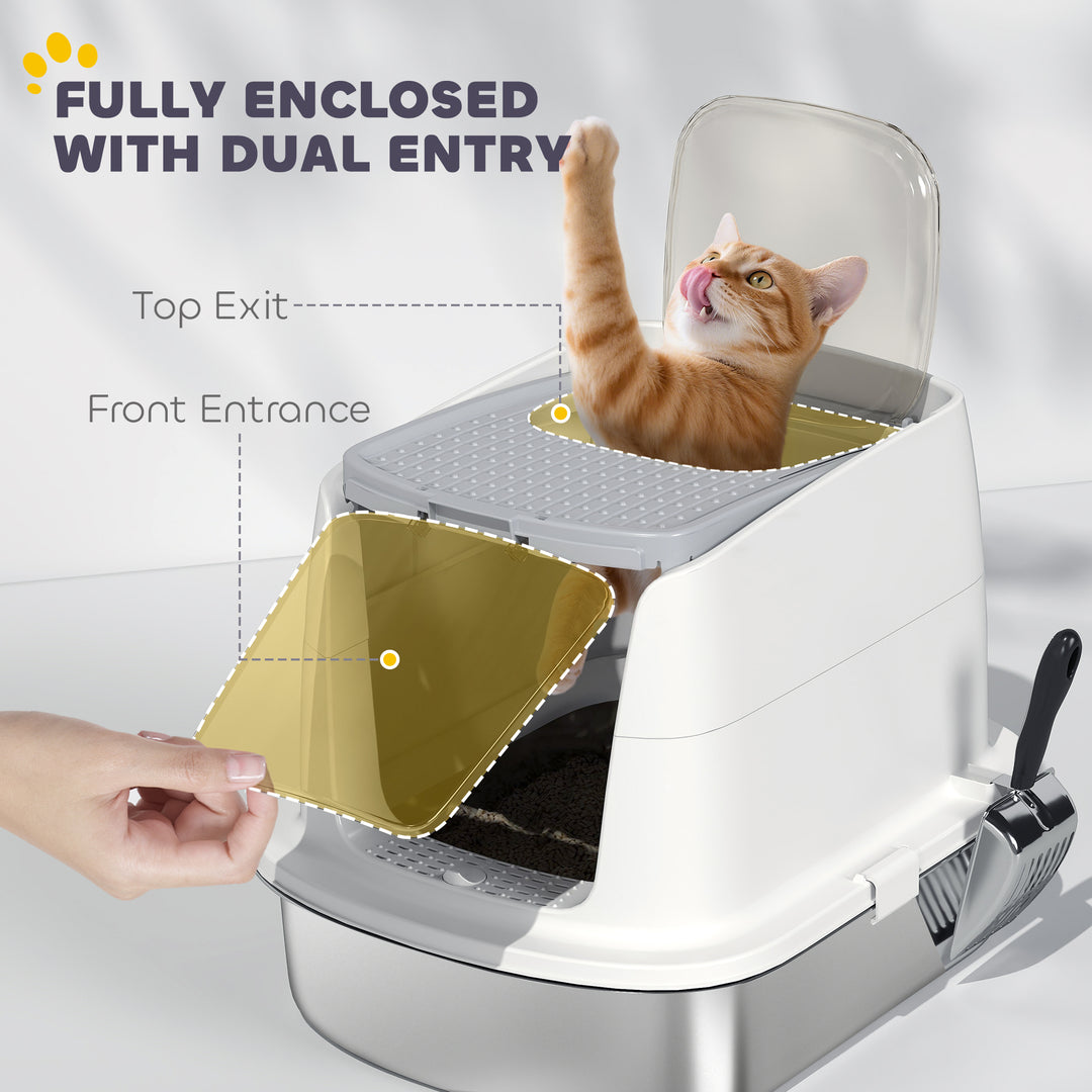 Large Stainless Steel Litter Box, Enclosed Metal Cat Litter Tray with Scoop, Deodoriser Bag, Front-Entry and Top-Exit