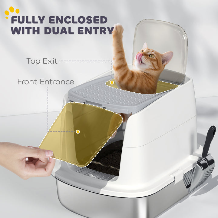 Large Stainless Steel Litter Box, Enclosed Metal Cat Litter Tray with Scoop, Deodoriser Bag, Front-Entry and Top-Exit