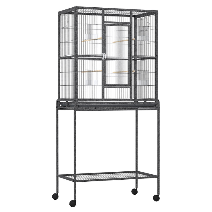 PawHut Avian Abode: Wheeled Metal Cage for Canaries & Parakeets, Wooden Perch, Feeder Tray, Jet Black | Aosom UK