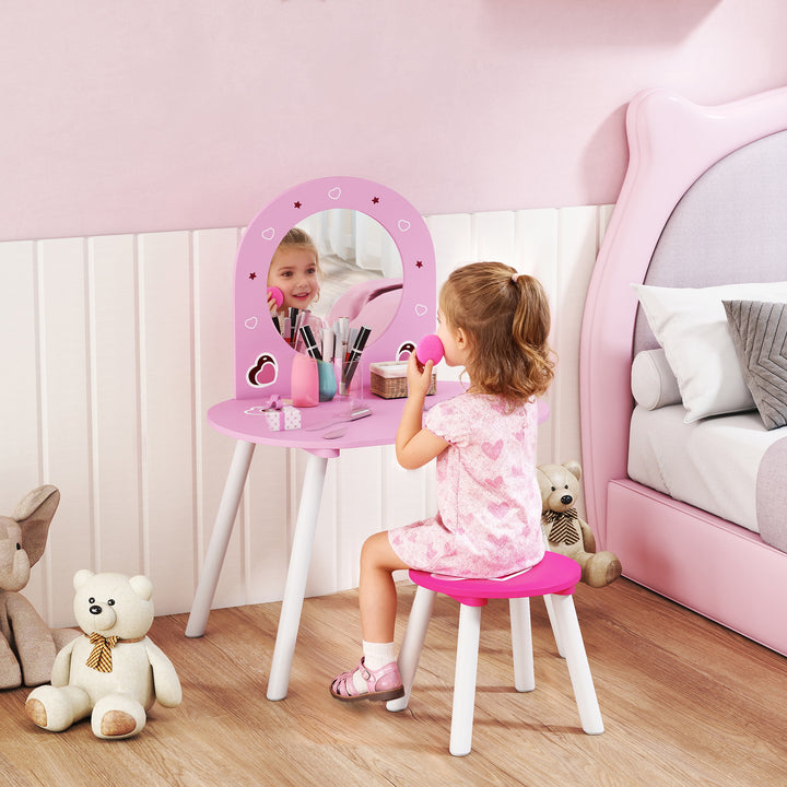 Kids Dressing Table with Mirror and Stool, Girls Vanity Set for Kids Room, Bedroom, Nursery, for Ages 3–6 Years