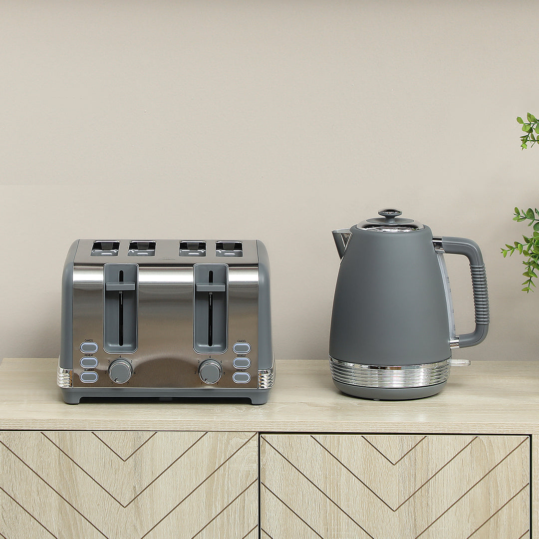 Stainless Steel Kettle and Toaster Set, 1.7L 3000W Rapid Boil Jug Kettle with UK Strix Thermostat, Limescale Filter, 4 Slice Toaster with 7 Browning Controls, Crumb Tray, Grey and Silver Tone