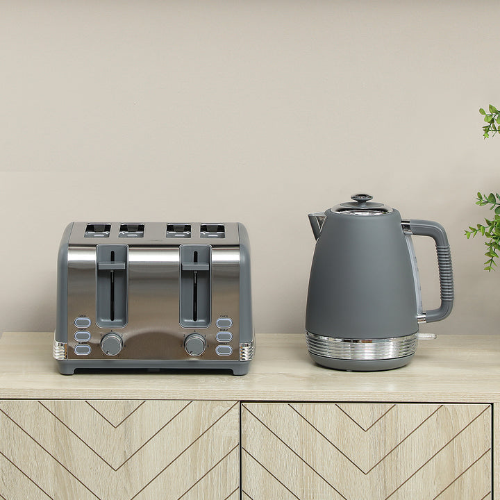 Stainless Steel Kettle and Toaster Set, 1.7L 3000W Rapid Boil Jug Kettle with UK Strix Thermostat, Limescale Filter, 4 Slice Toaster with 7 Browning Controls, Crumb Tray, Grey and Silver Tone