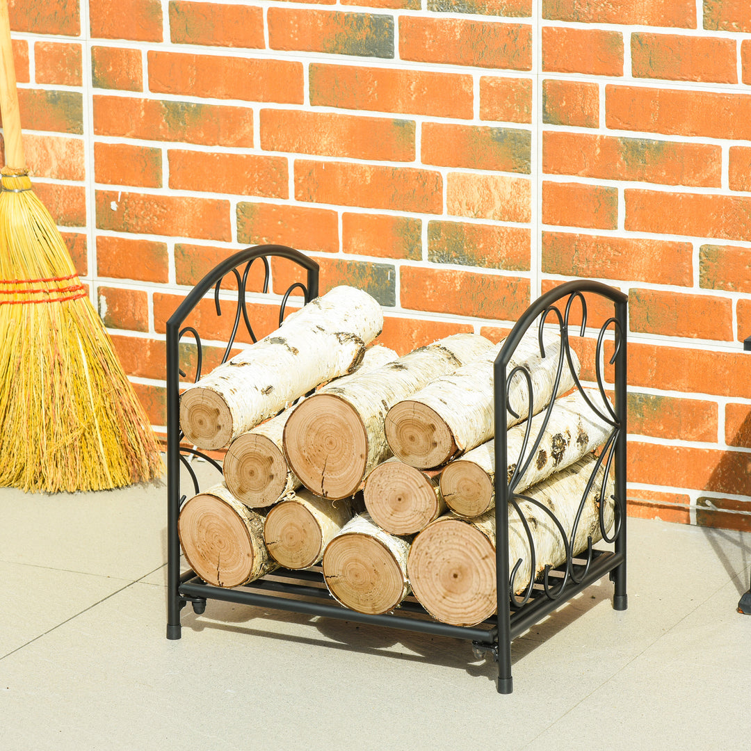 Metal Firewood Log Holder Indoor Outdoor Firewood Rack Fireplace Wood Storage Shelf w/ Elegant Scrolls, Rust-Resistant, Black, 39.5L x 31.5W x 39.5H cm