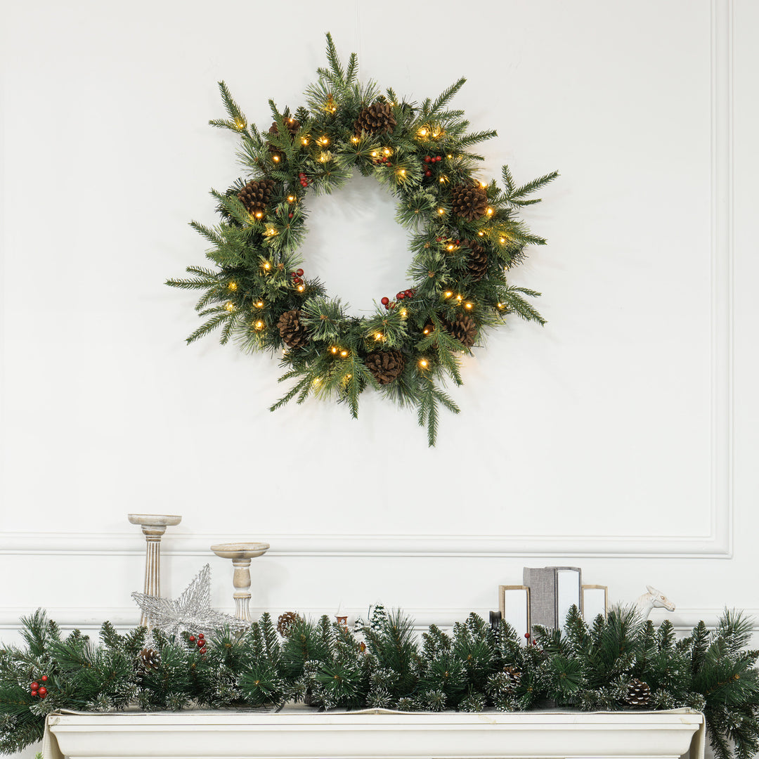 60" Cone and Berry Christmas Wreath, with LED Lights - view 2