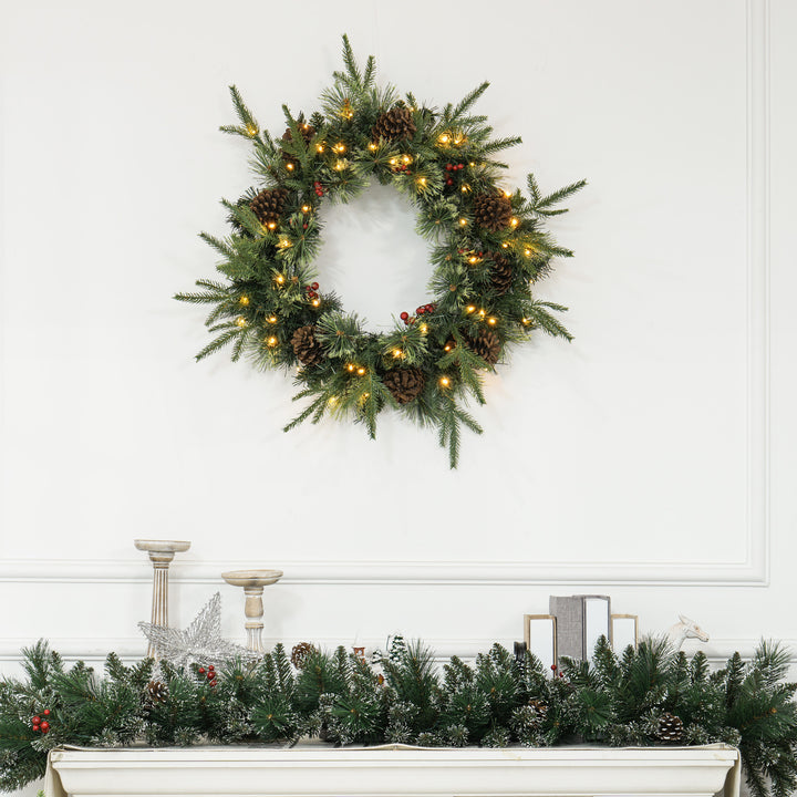 60" Cone and Berry Christmas Wreath, with LED Lights - view 2