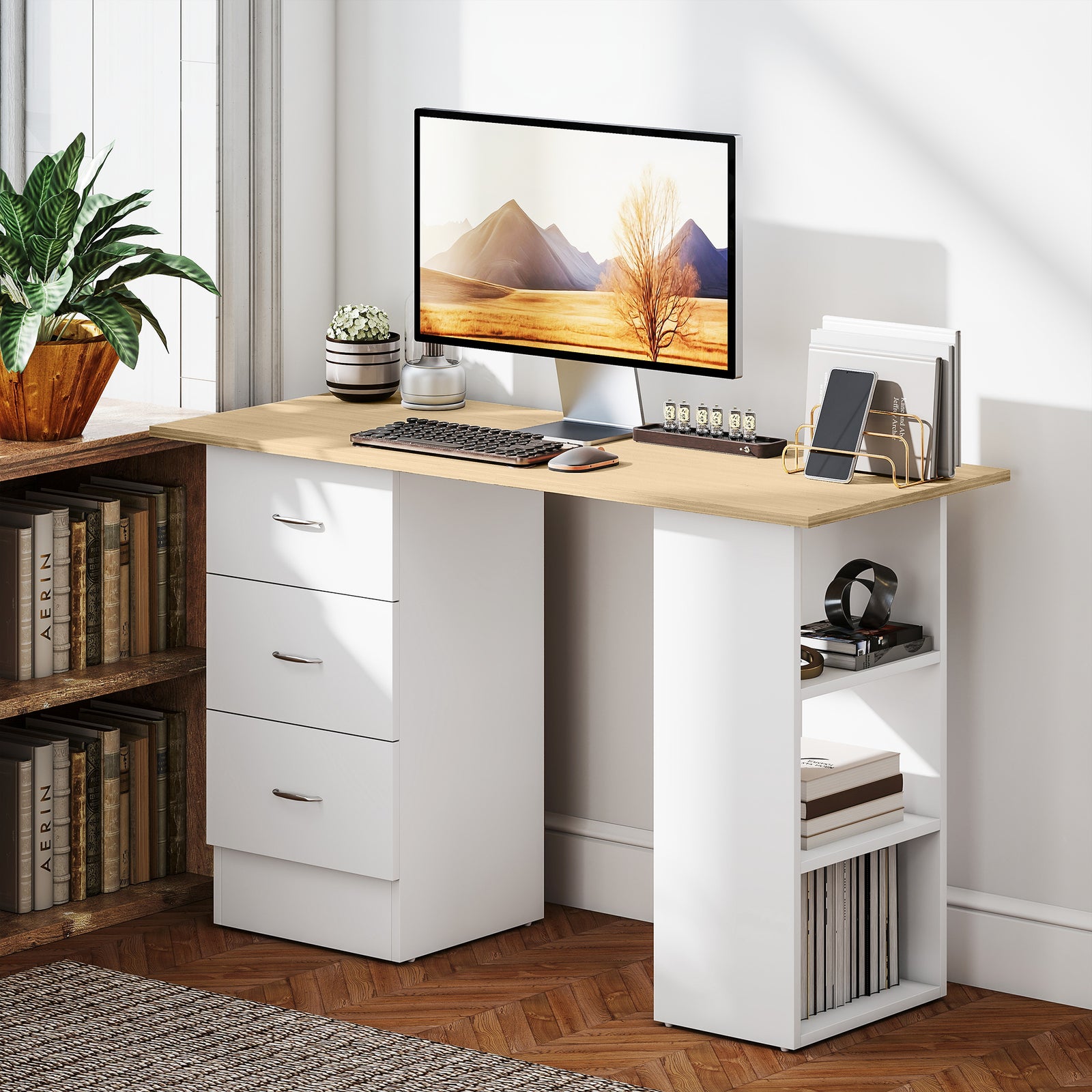 Computer Desk, Writing Table, PC Workstation with 3 Storage Shelves and Drawers, Silver Handle, for Home Office, Natural Wood Finish and White
