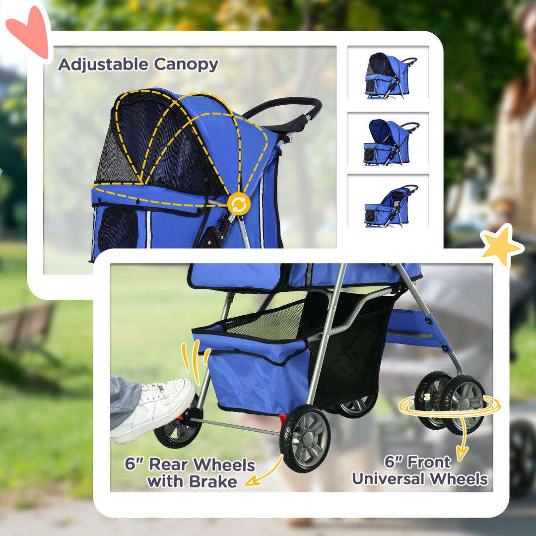 MCL Pet Stroller for Small Miniature Dogs Cats Foldable Travel Carriage with Wheels Zipper Entry Cup Holder Storage Basket Blue