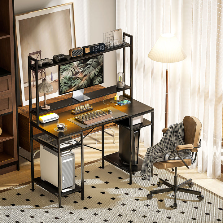 Computer Desk with Power Outlets and LED Lights, Home Office Desk with Monitor Stand, 2 CPU Stands and Storage Shelves, Study Table Gaming Desk with Hutch, Black