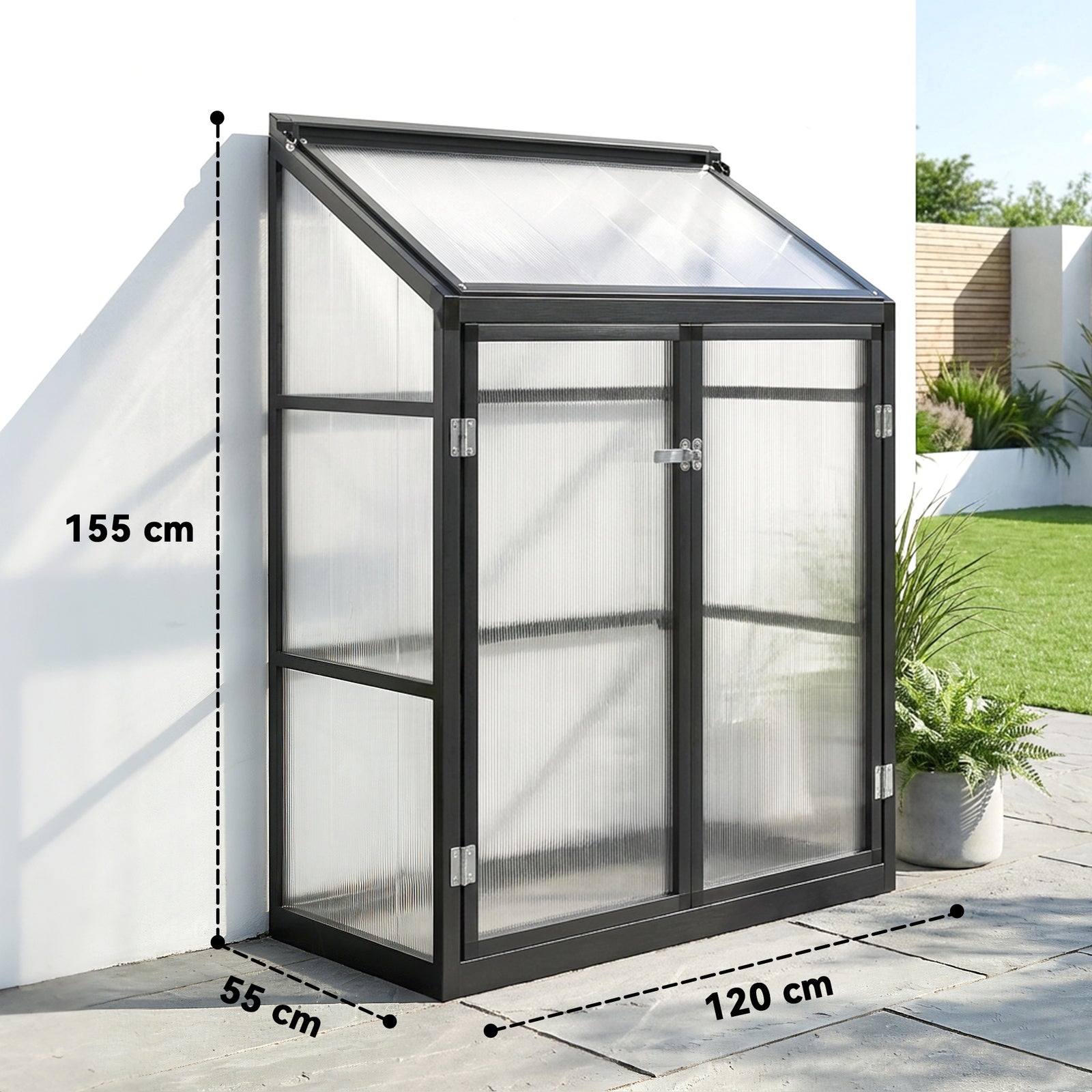 Polycarbonate Greenhouse with Hinged Door, Top Vent, Lean-to Green Hou