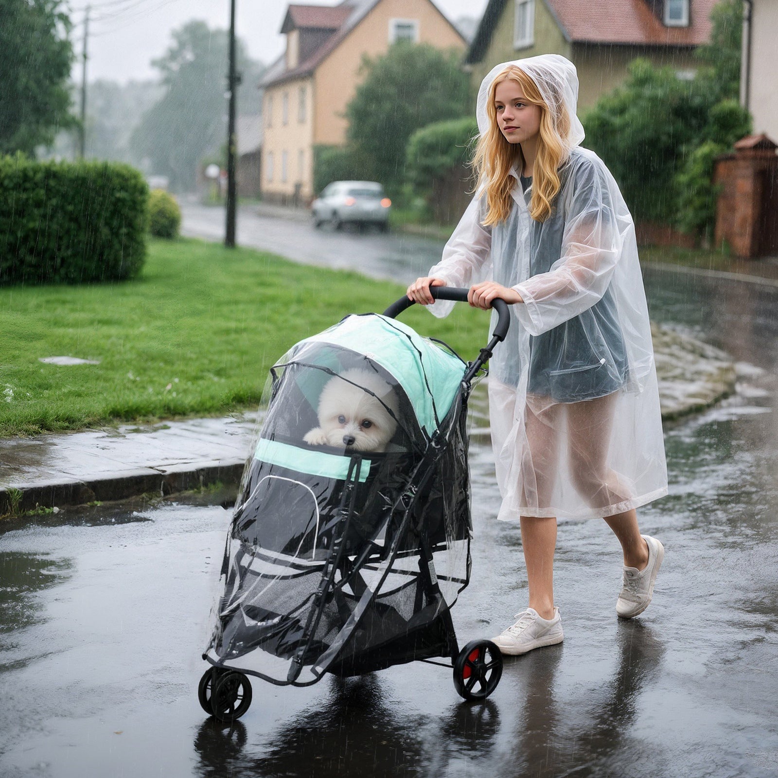 Foldable Pet Stroller w/ Rain Cover, for XS Dogs, S Dogs - Green