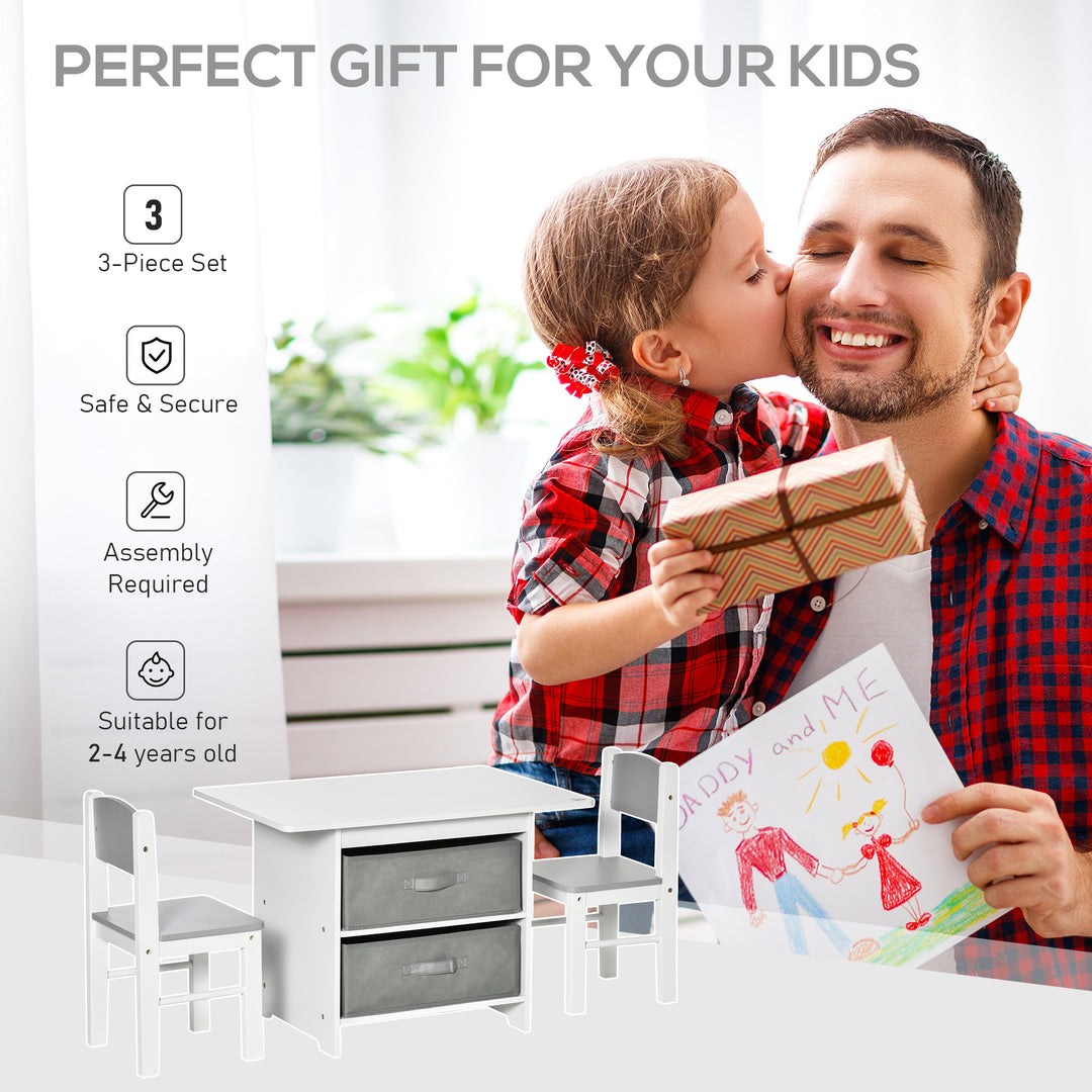 MCL 3 Pcs Kids Table & Chairs Set Mini Seating Furniture Home Playroom Bedroom Dining Room w/ Storage Drawers Safe Corners for 2-4 Years old White