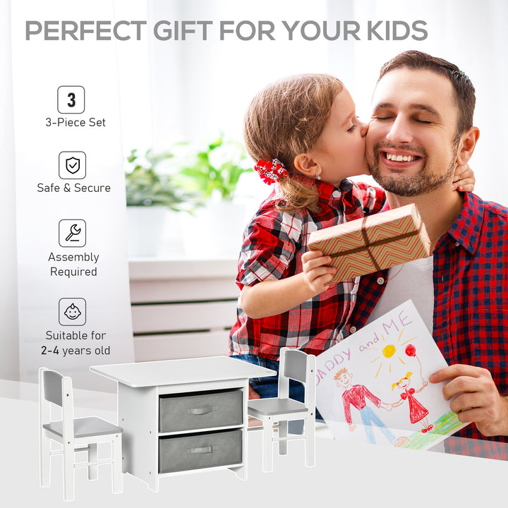 MCL 3 Pcs Kids Table & Chairs Set Mini Seating Furniture Home Playroom Bedroom Dining Room w/ Storage Drawers Safe Corners for 2-4 Years old White