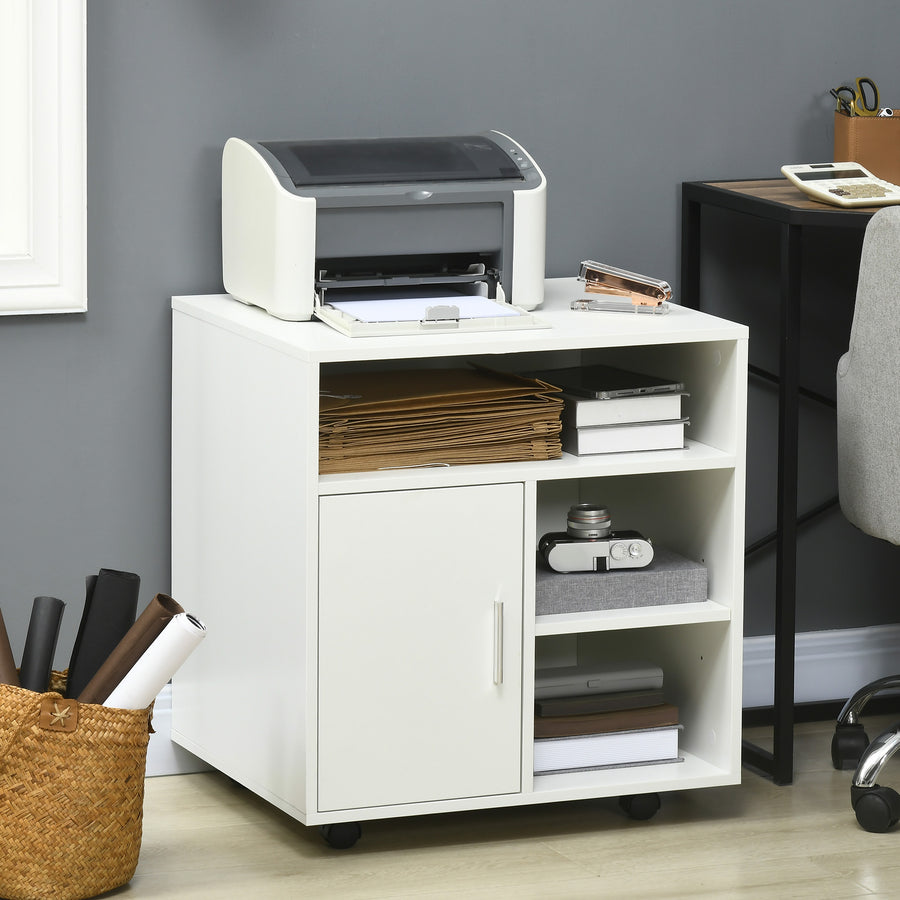 Multi-Storage Printer Stand Unit Office Desk Side Mobile Storage w/ Wheels Modern Style 60L x 50W x 65.5H cm - White