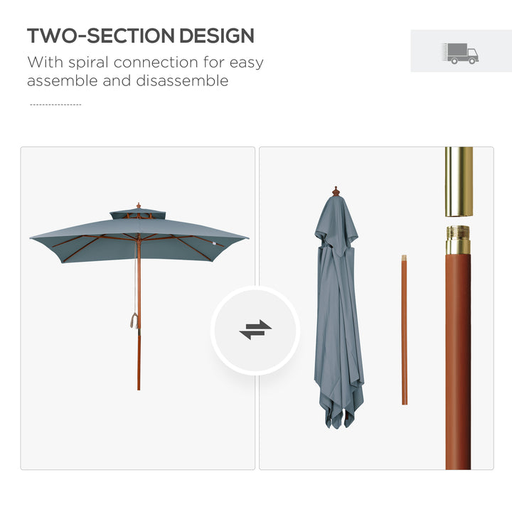 3 x 3 metre Patio Parasol Garden Umbrellas Sunshade Outdoor Wooden Parasol Canopy Double Tier, Dark Grey, BASE NOT INCLUDED