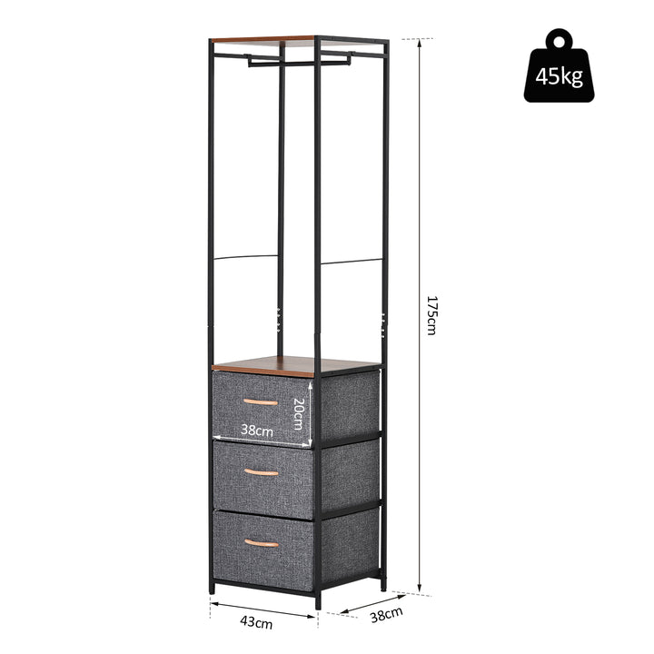 HOMCOM Hallway Storage: Bedroom Chest of Drawers with Coat Rack, Steel Frame, 3 Drawers, Black/Brown | Aosom UK