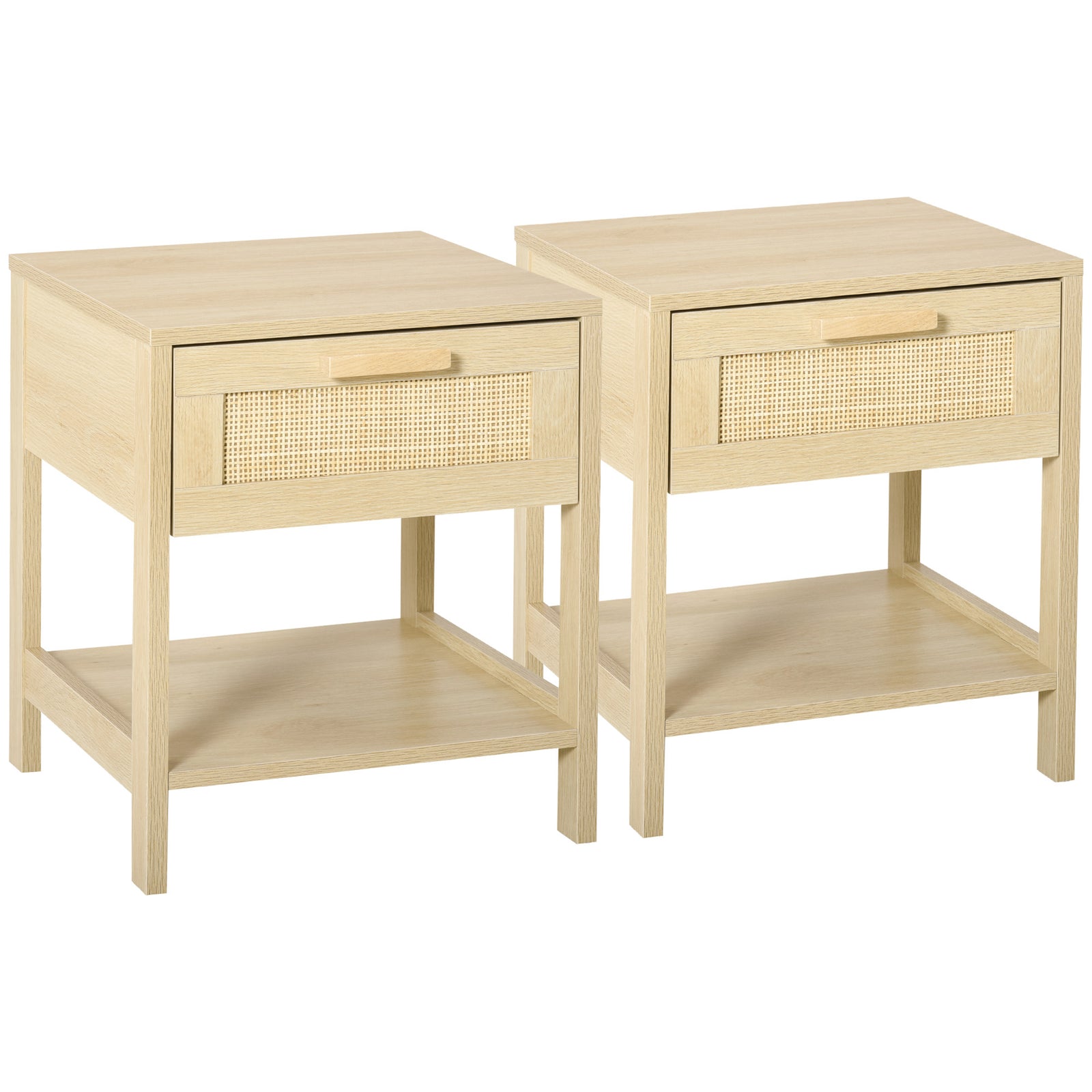 Bedside Table Set of 2 with Rattan Drawer, Rustic Side Tables with Storage Shelf for Bedroom, Living Room, Natural