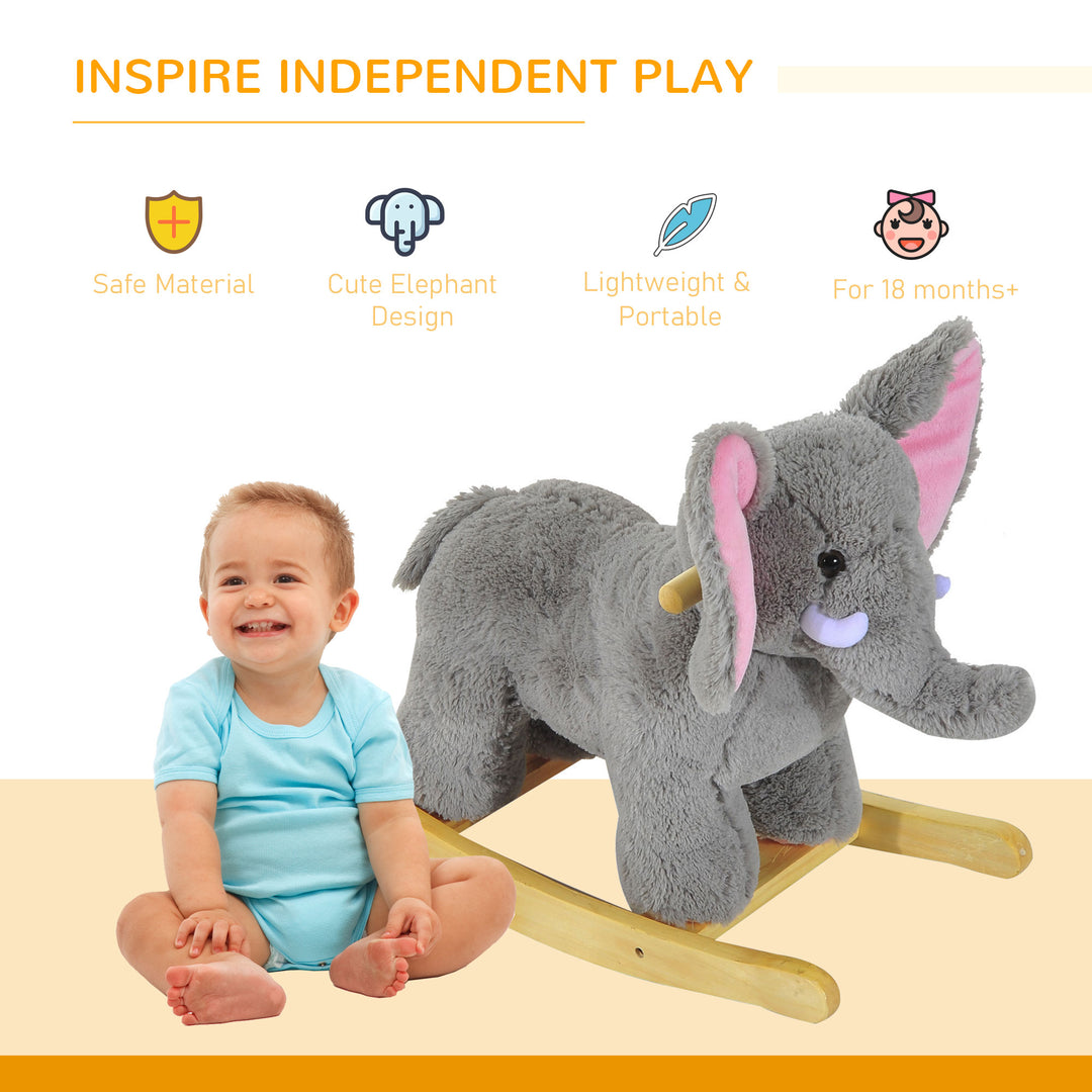 HOMCOM Plush Elephant Rocking Horse for Kids, Traditional Wooden Riding Toy with 32 Nursery Rhymes, Grey | Aosom UK