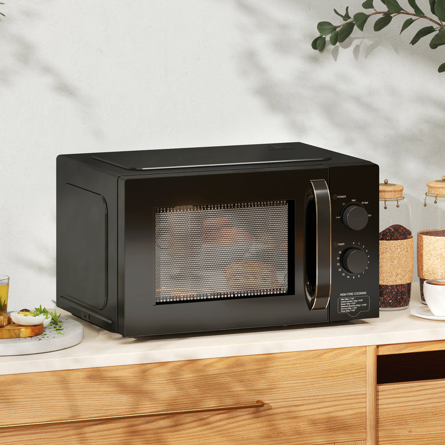 23L 800W Microwave Oven, Solo Manual Microwave with 5 Power Levels, Defrost, 35 Minutes Timer, Clock, Easy Clean, Small Black Microwave