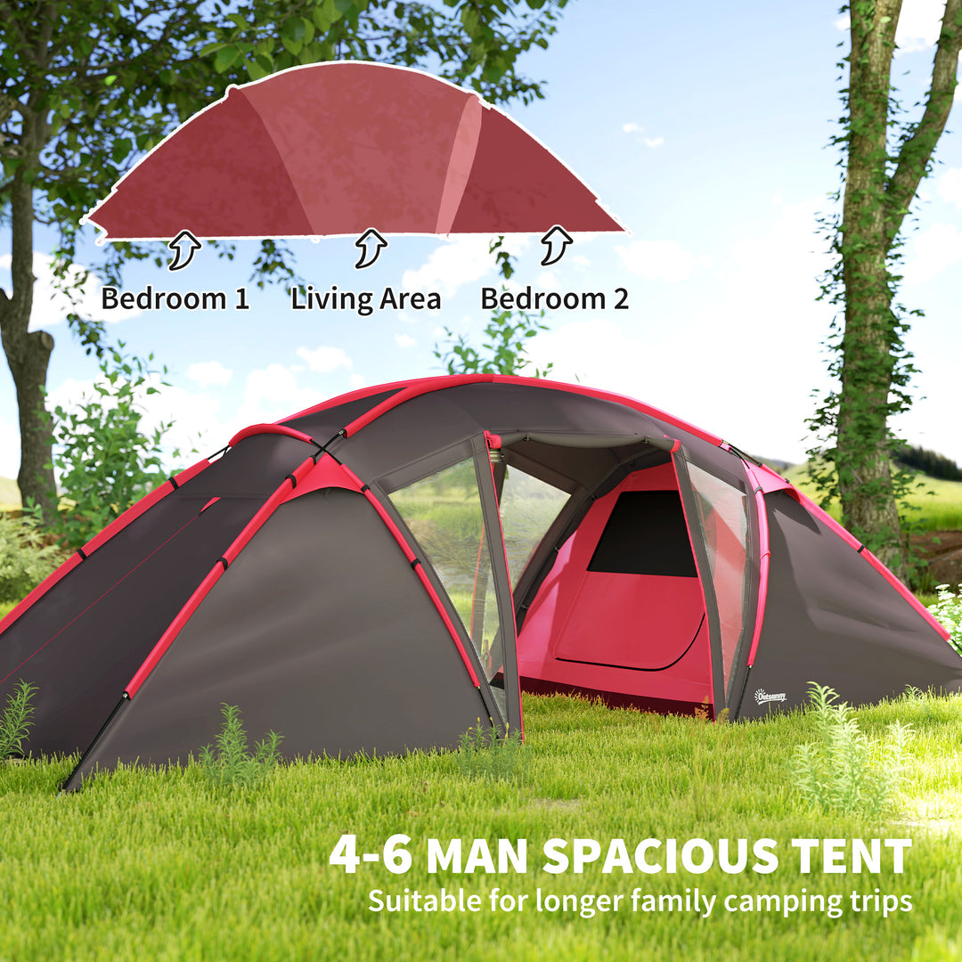 4-6 Man Family Camping Tent w/ 2 Bedrooms and a Living Room, Waterproof Tunnel Tent w/ Sewn In Groundsheet, Doors, Windows, Carry Bag, Grey
