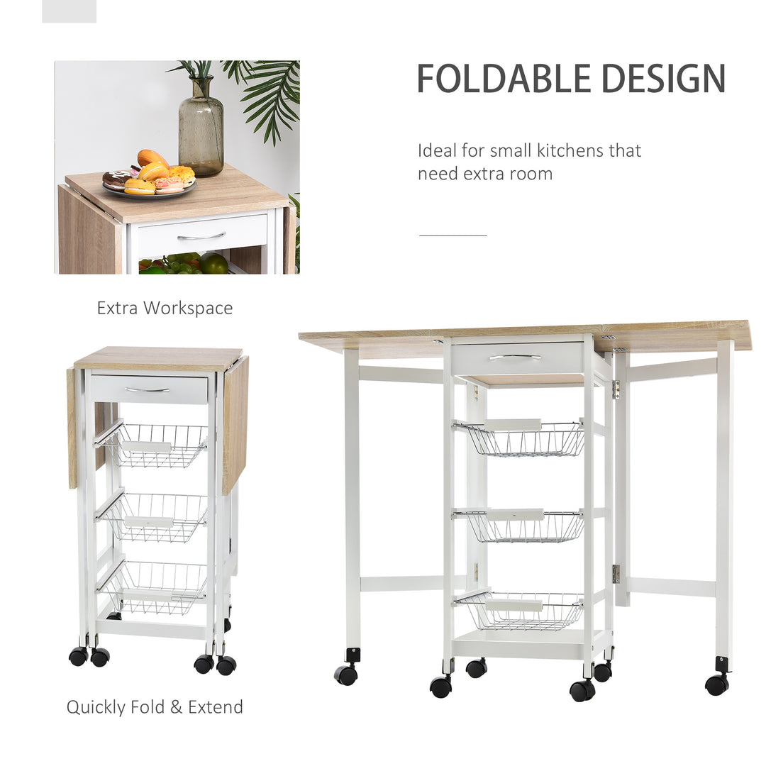 MCL Drop-Leaf Kitchen Cart Trolley w/ 3 Baskets Drawer Surface Top 6 Universal Wheels Rolling Storage Unit Kitchen Home Dining Island White Oak Tone