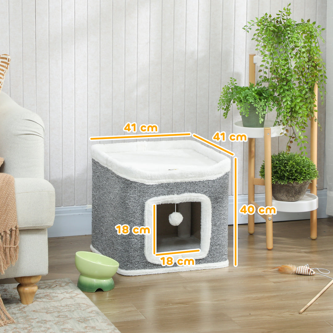 MCL Cat House for Indoor Kittens, 2-Level Cat Cave Bed with Fluffy Balls, Top Bed, Kitten Barrel for Multi Kitties, Grey