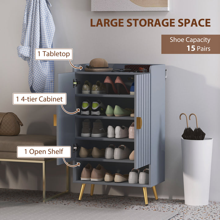 Modern Shoe Cabinet with 2 Doors, Open Shelf and Adjustable Shelves, 15 Pair Hallway Shoe Cupboard, Entryway Storage Unit, Light Grey