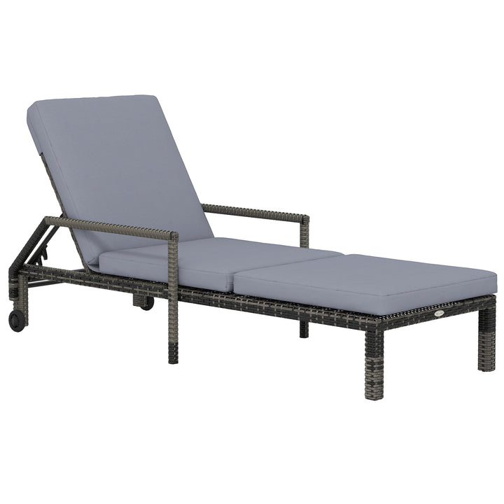 Outdoor PE Rattan Sun Lounger, 5-Level Adjustable Backrest Wicker Outdoor Chaise Recliner, Garden Chair with 2 Wheels, Mixed Grey
